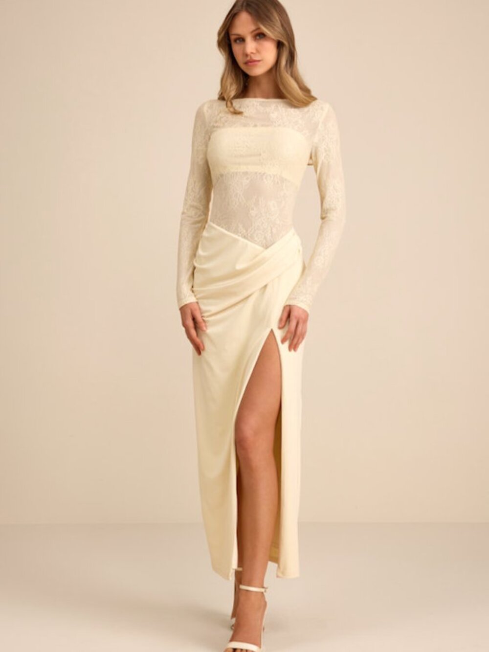 Lulus Nadina Pale Yellow Lace Long Sleeve Maxi Dress - Size S